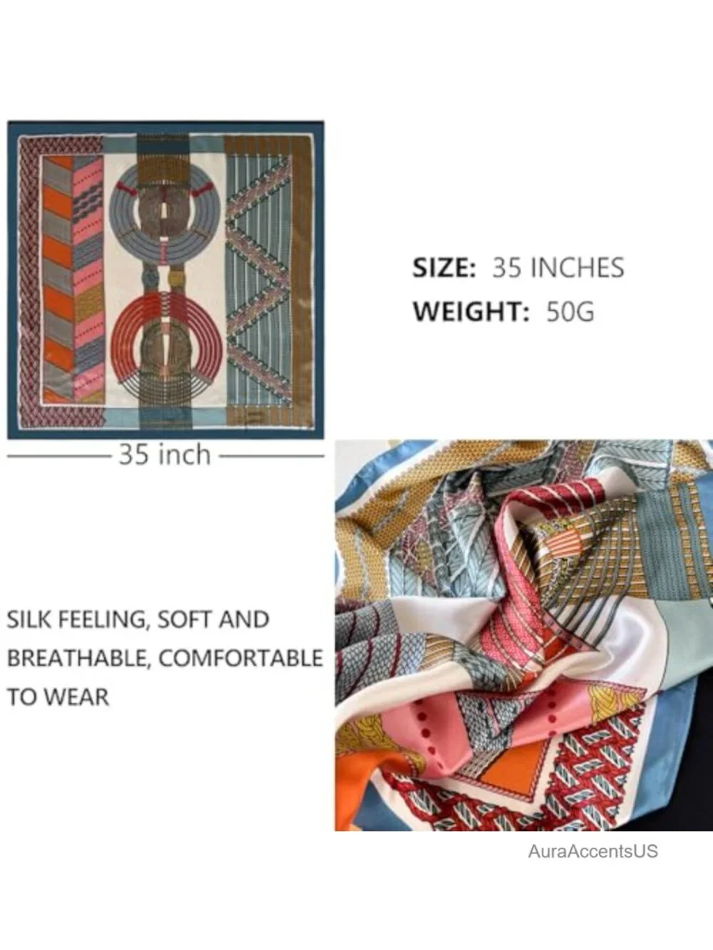 Large Silk Head Scarf for Women, 35x35 Inch Square Hair Wrap Bandana